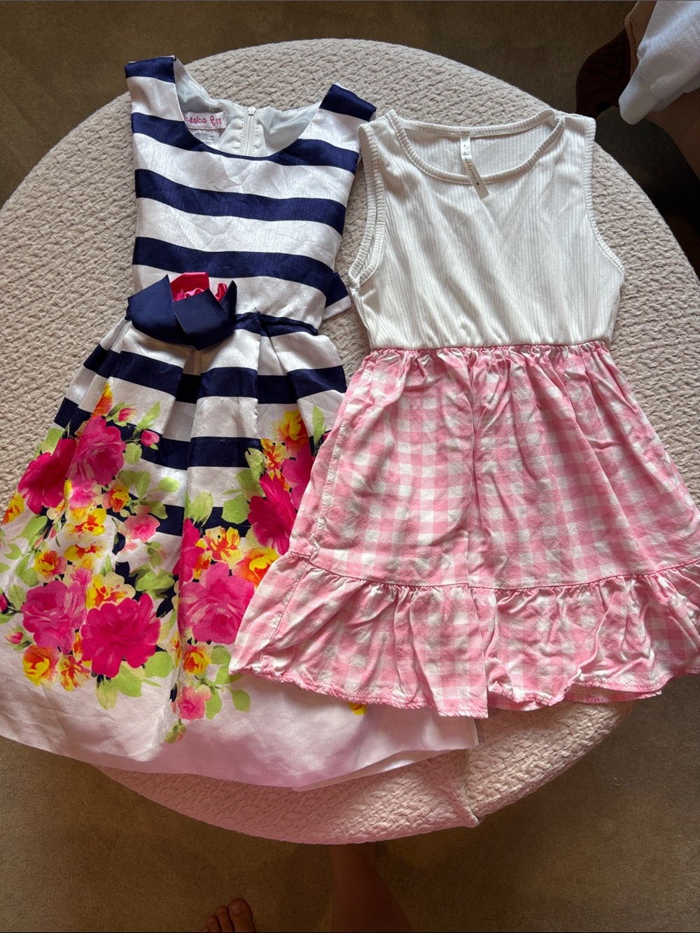 Navy & White Striped Dress and Pink Plaid Dress